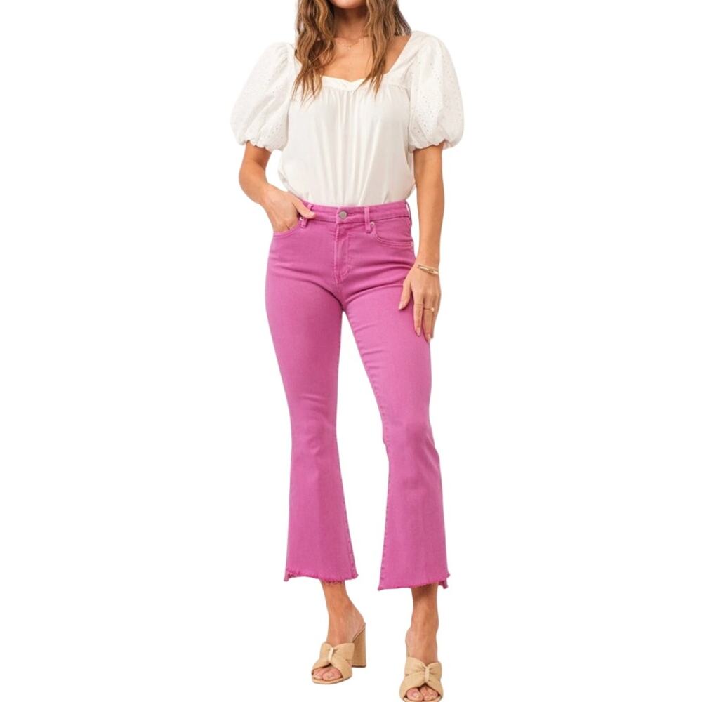 Women's High-Rise Pink Flare Jeans - Picture 9 of 12